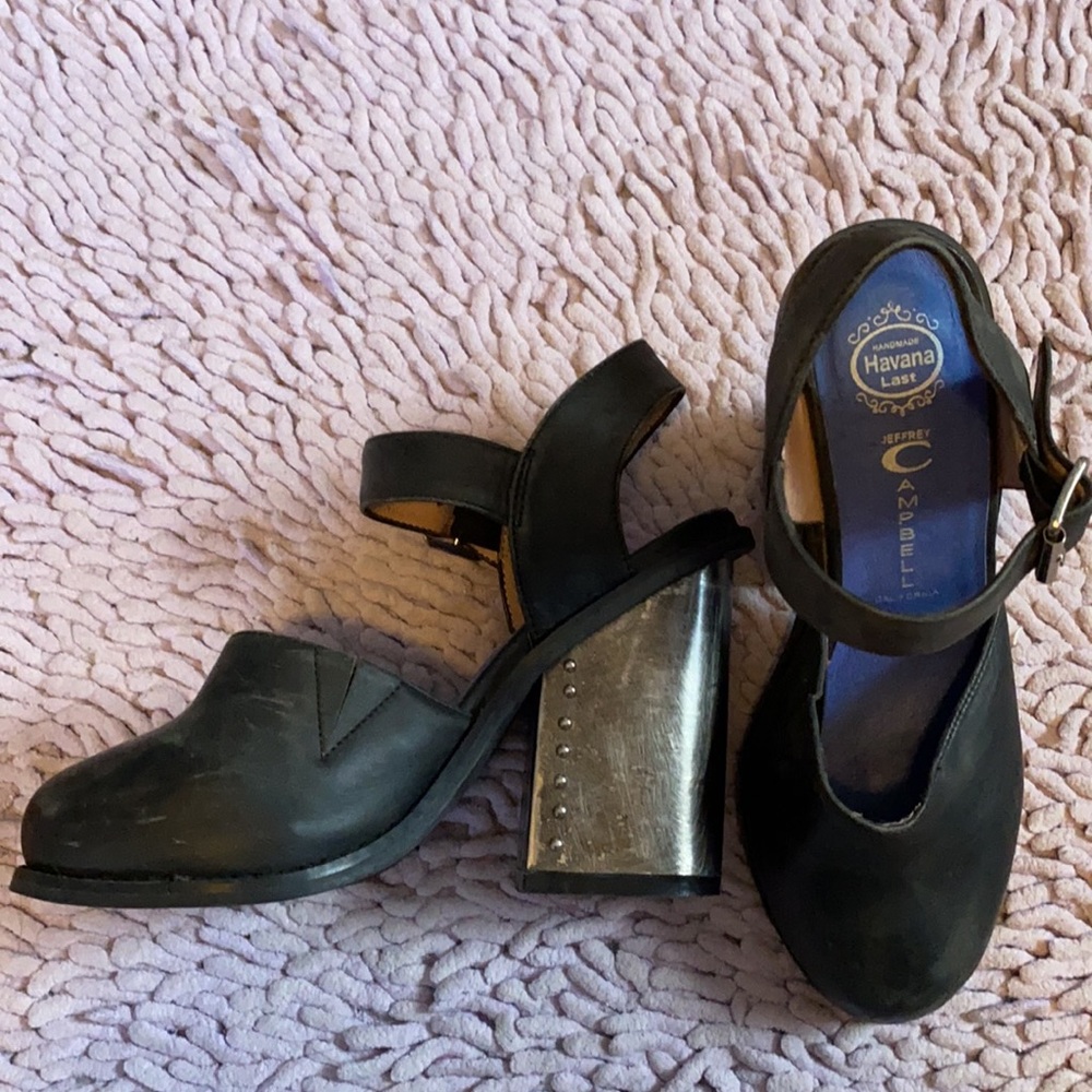 Jeffery Campbell Bonshe Chunky Heel Leather Mary Jane Pumps Black